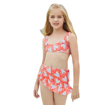 Meninas mais recente estilo trajes de banho coração impressão lado oco u pescoço roupas de praia roupa de banho plissado saia 2 peças roupa de natação